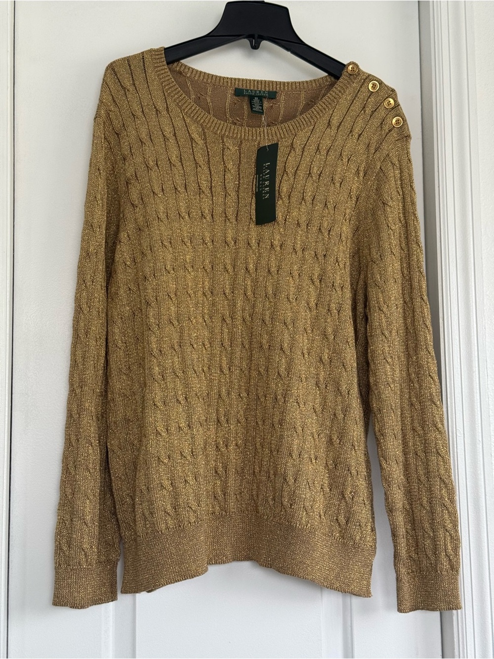 Lauren Ralph Lauren Gold Cable Knit Button-Shoulder Sweater